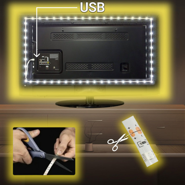 USB cветодиодная LED лента подсветка для телевизора и монитора желтая 1 м IP65 